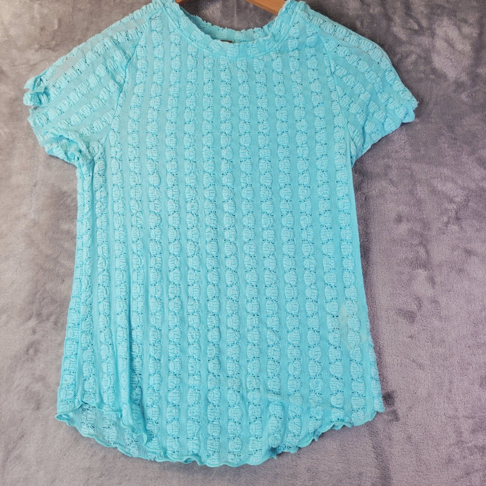 Free People Turquoise Bubble Knit Textured Short Sleeve Top Medium Lettuce Trim